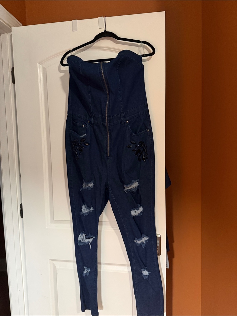 Strapless Dark Blue Denim Embellished Jumpsuit